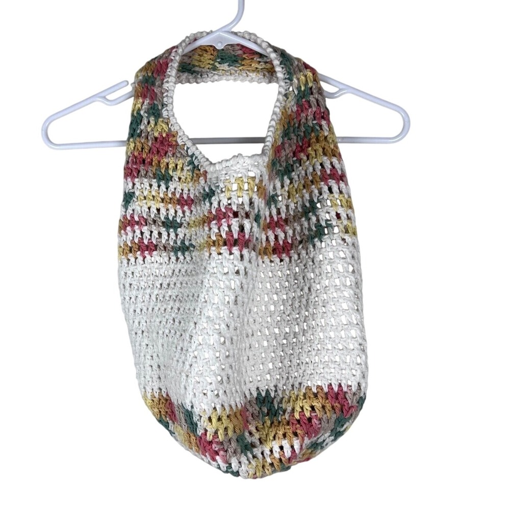 Crochet Tote Bag Colorful Striped Shoulder Bag‎ Handmade Knit Boho Chic